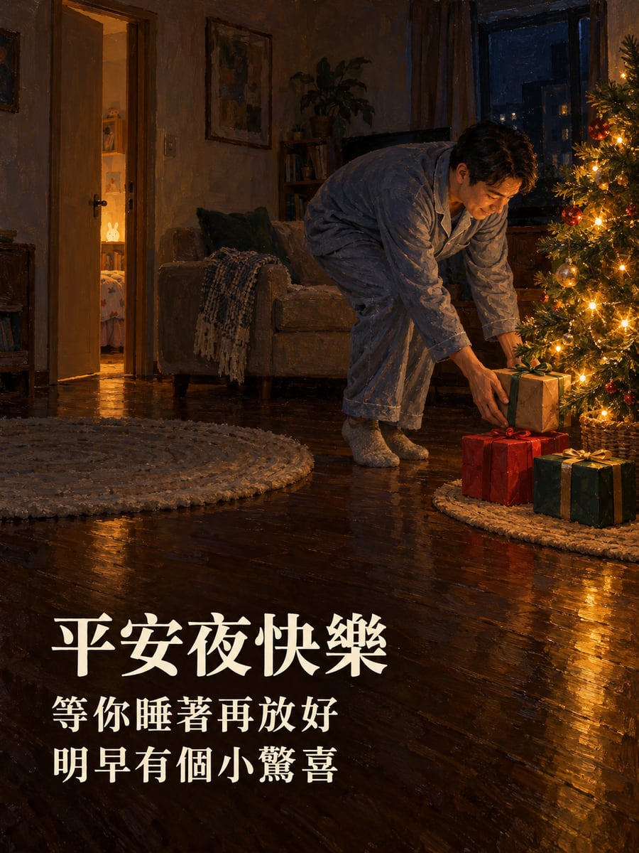 偷偷把禮物放到樹下。圖中文字：平安夜快樂，等你睡著再放好，明早有個小驚喜