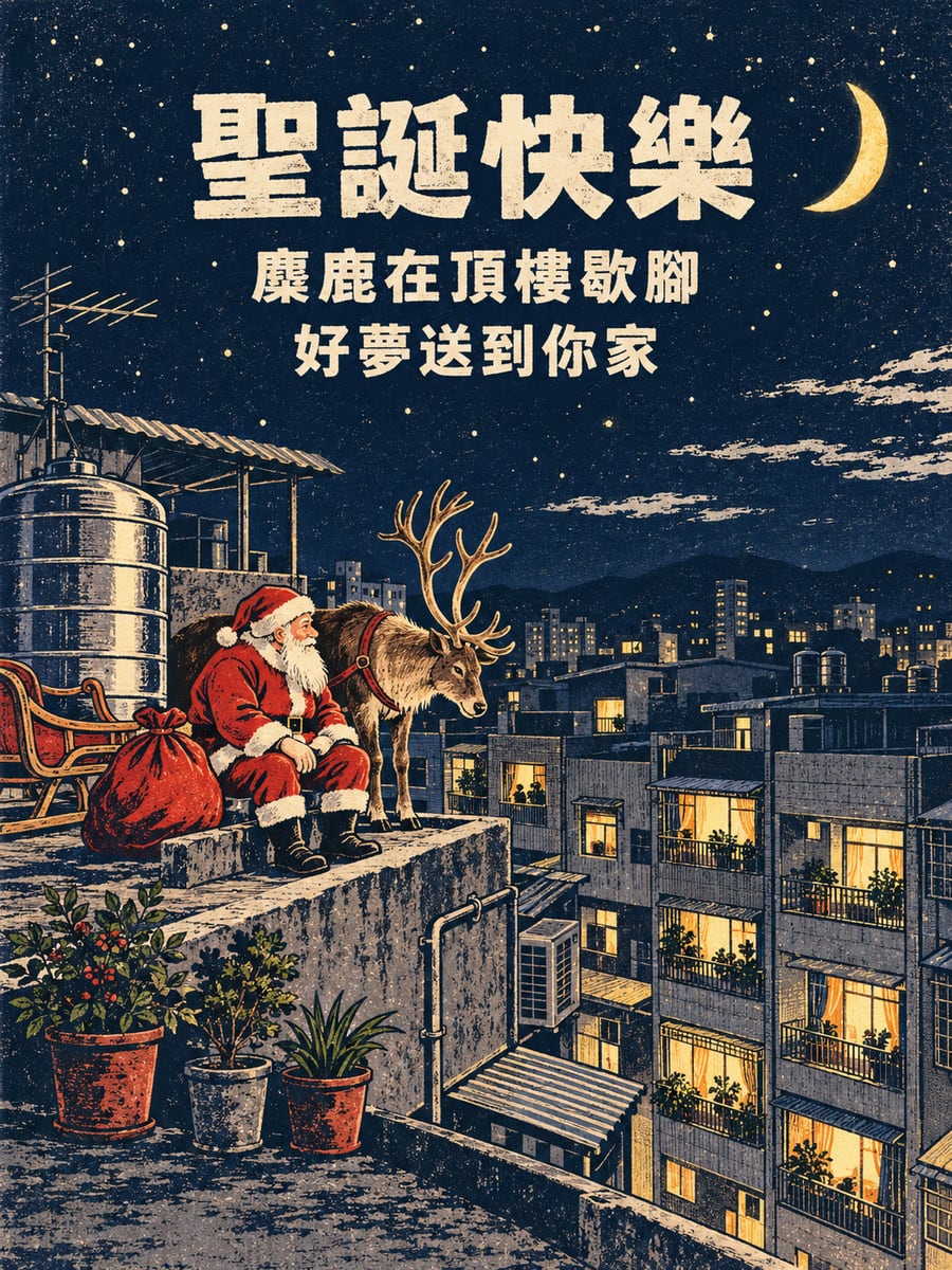 麋鹿在頂樓歇腳。圖中文字：聖誕快樂，麋鹿在頂樓歇腳，好夢送到你家