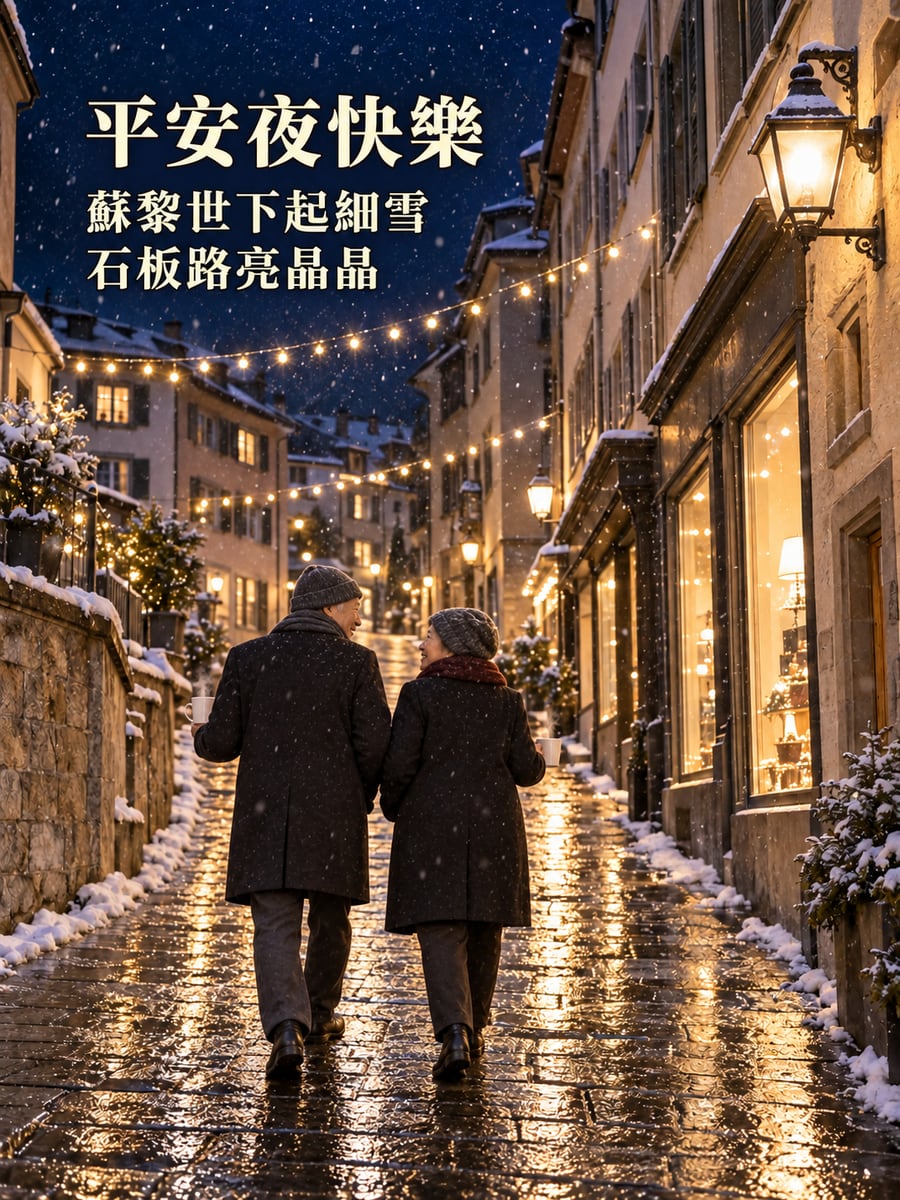蘇黎世老城雪夜。圖中文字：平安夜快樂，蘇黎世下起細雪，石板路亮晶晶