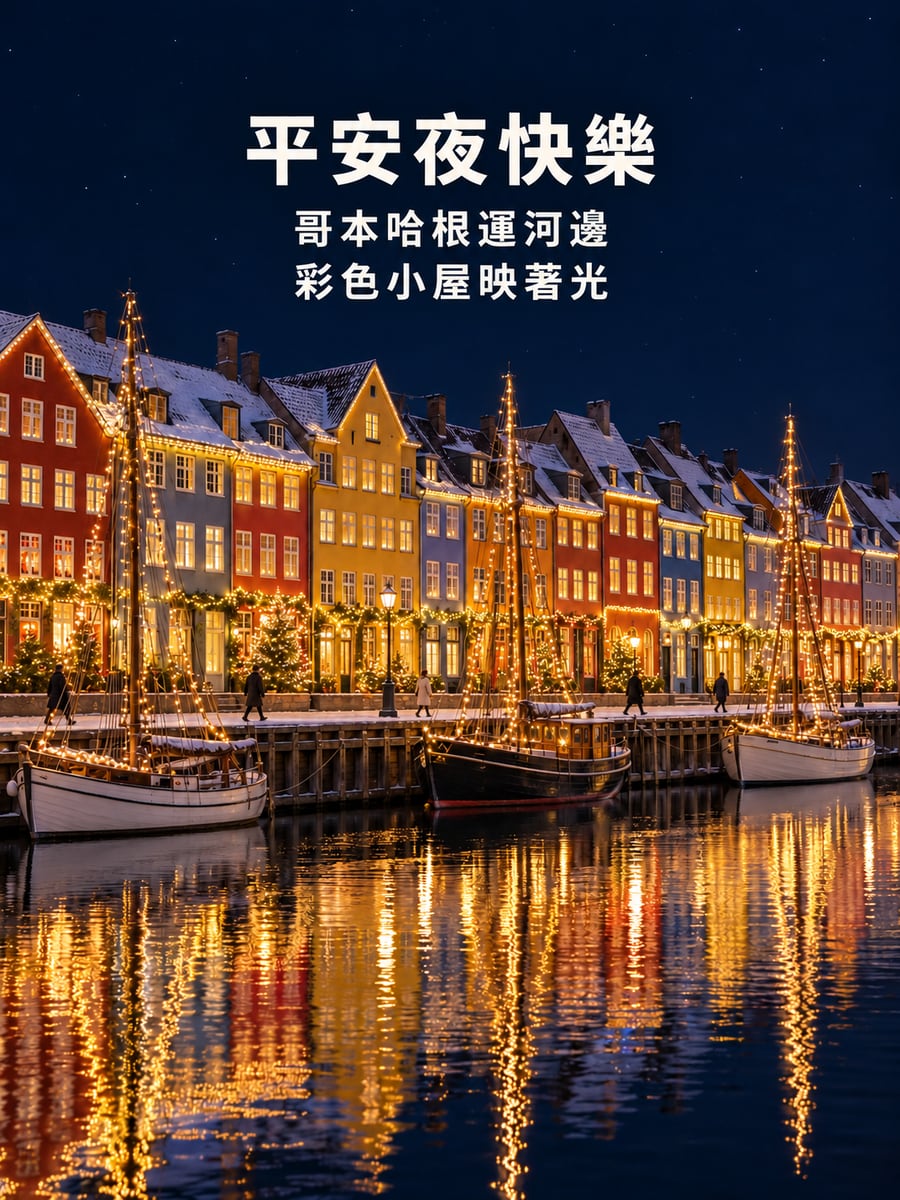 哥本哈根運河彩色小屋。圖中文字：平安夜快樂，哥本哈根運河邊，彩色小屋映著光