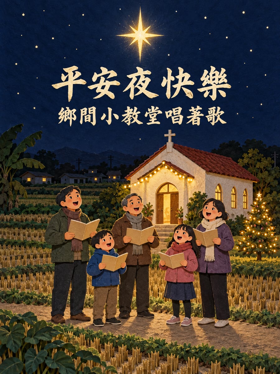 鄉間小教堂唱歌。圖中文字：平安夜快樂，鄉間小教堂唱著歌