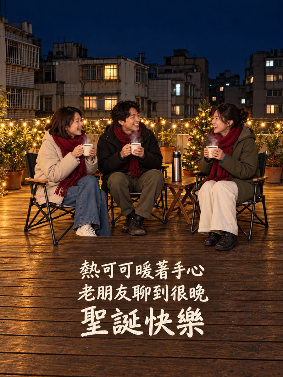 頂樓喝熱可可的老朋友。圖中文字：聖誕快樂，熱可可暖著手心，老朋友聊到很晚