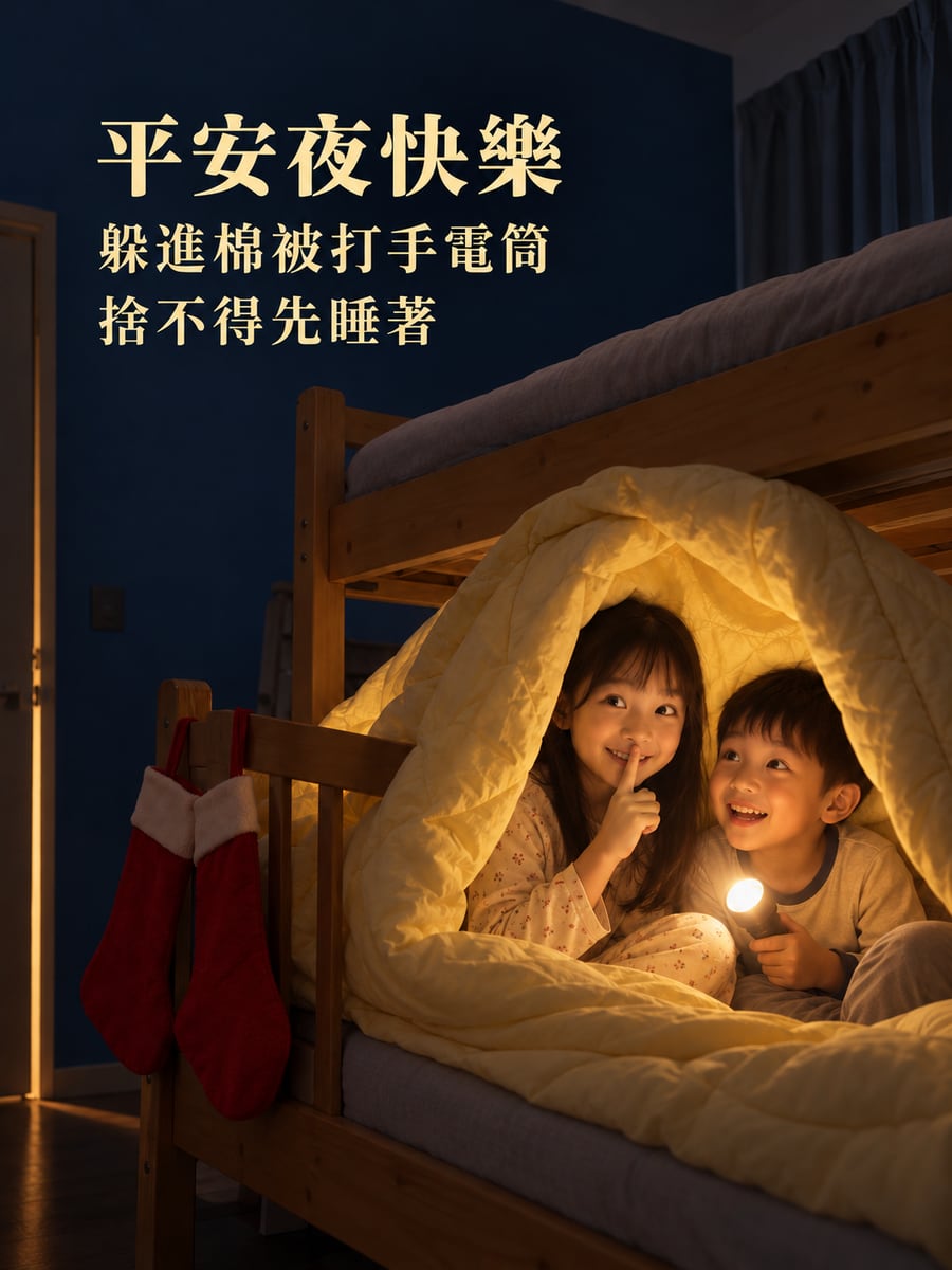 躲進棉被打手電筒。圖中文字：平安夜快樂，躲進棉被打手電筒，捨不得先睡著