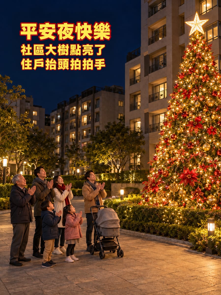 社區中庭點亮大樹。圖中文字：平安夜快樂，社區大樹點亮了，住戶抬頭拍拍手