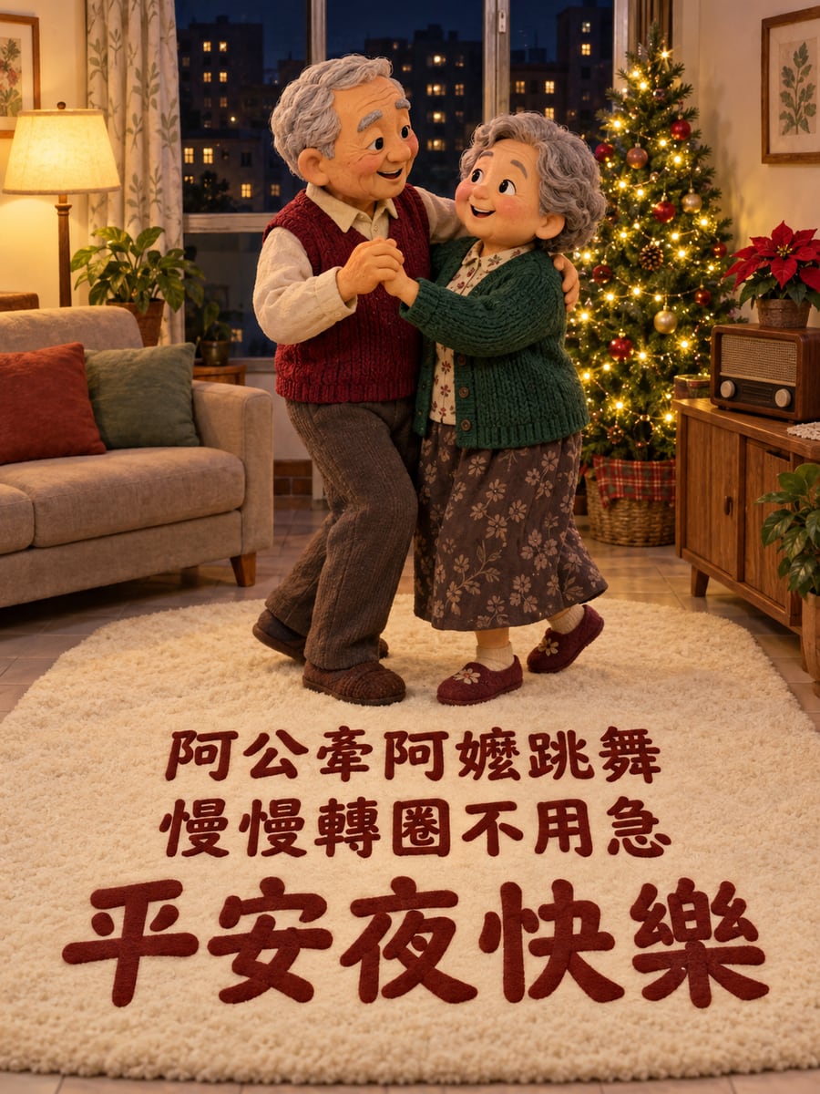 阿公阿嬤在樹旁跳舞。圖中文字：平安夜快樂，阿公牽阿嬤跳舞，慢慢轉圈不用急