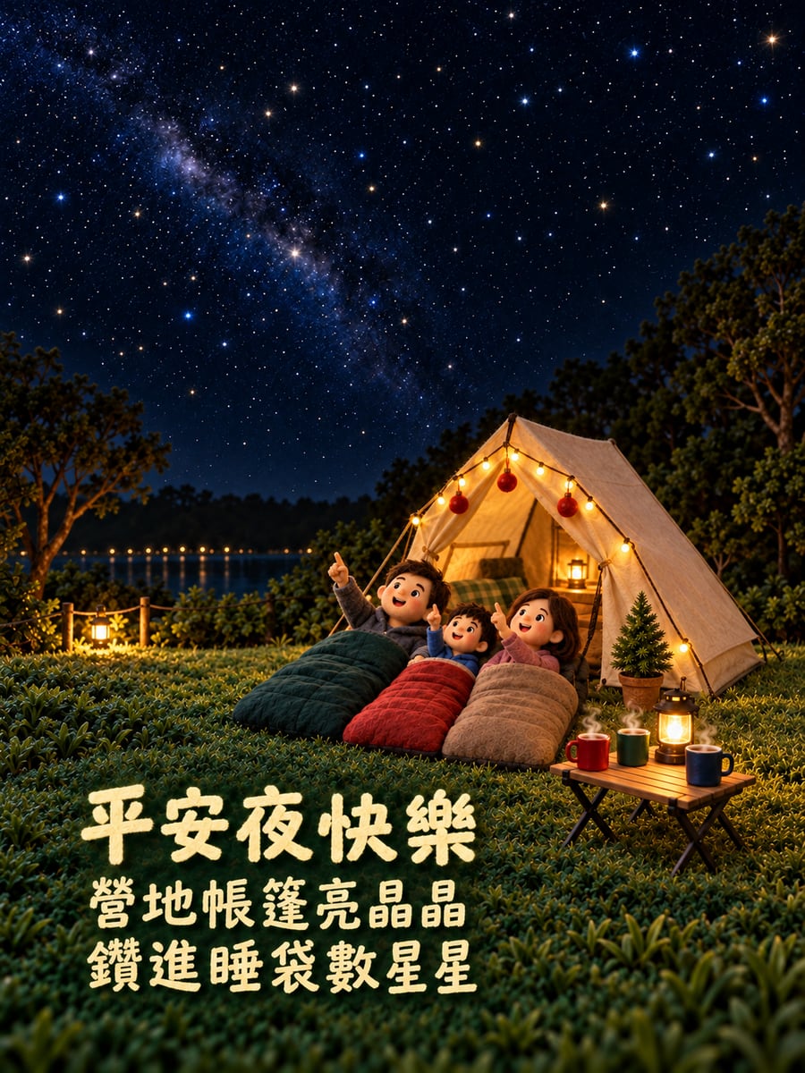 帳篷亮晶晶的露營夜。圖中文字：平安夜快樂，營地帳篷亮晶晶，鑽進睡袋數星星