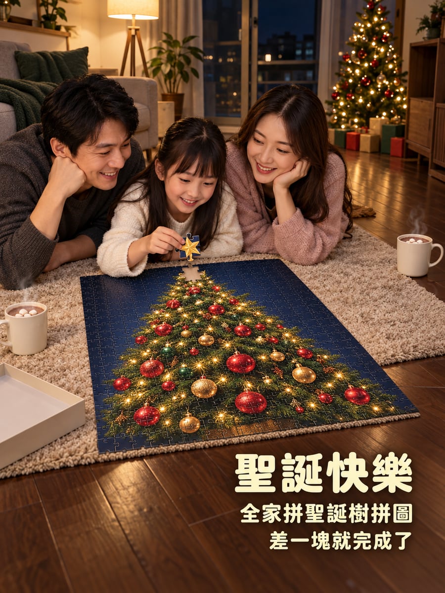 全家拼聖誕樹拼圖。圖中文字：聖誕快樂，全家拼聖誕樹拼圖，差一塊就完成了