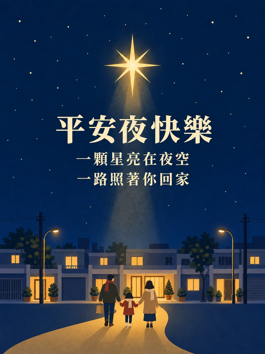 照亮回家路的星星。圖中文字：平安夜快樂，一顆星亮在夜空，一路照著你回家