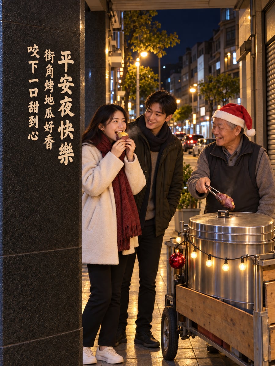 街角烤地瓜攤。圖中文字：平安夜快樂，街角烤地瓜好香，咬下一口甜到心