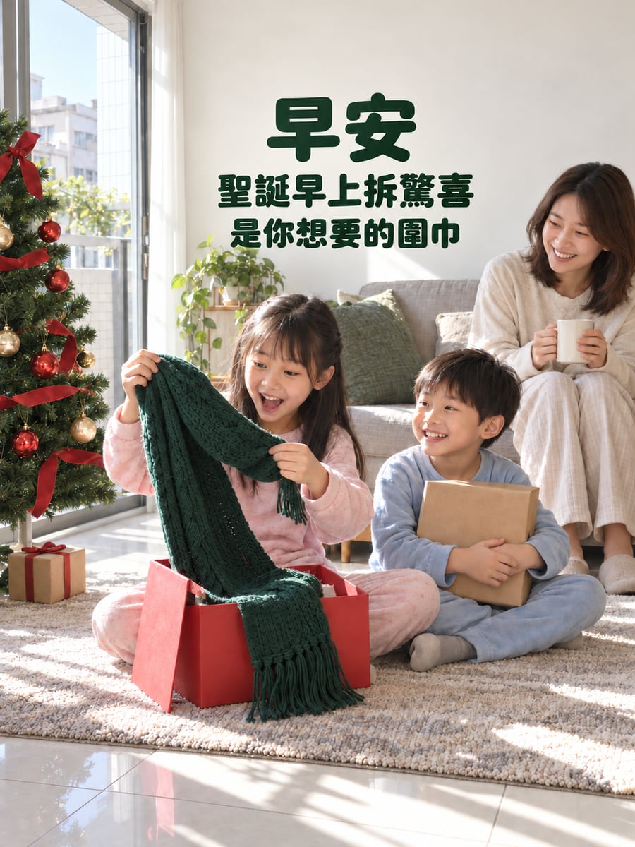 聖誕早上拆到圍巾。圖中文字：早安，聖誕早上拆驚喜，是你想要的圍巾