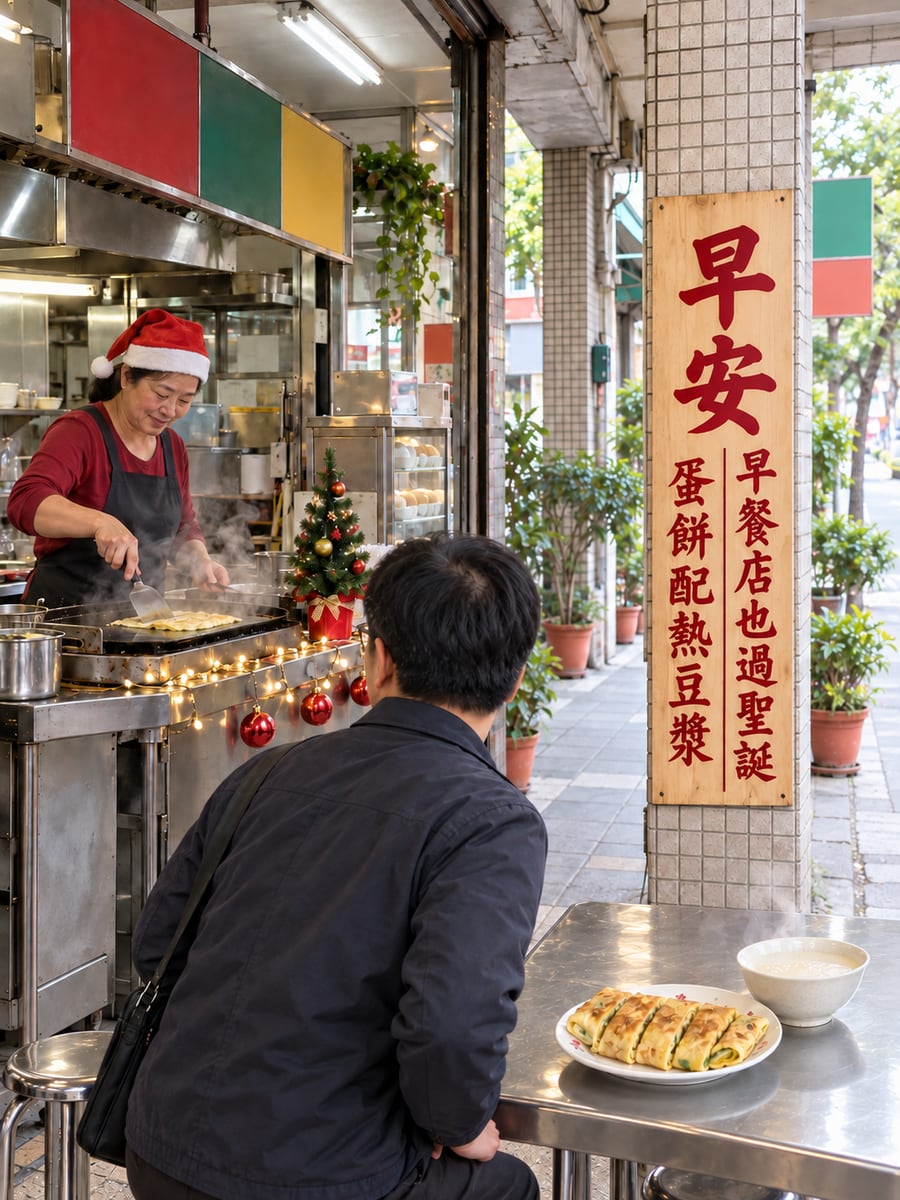 早餐店也過聖誕。圖中文字：早安，早餐店也過聖誕，蛋餅配熱豆漿