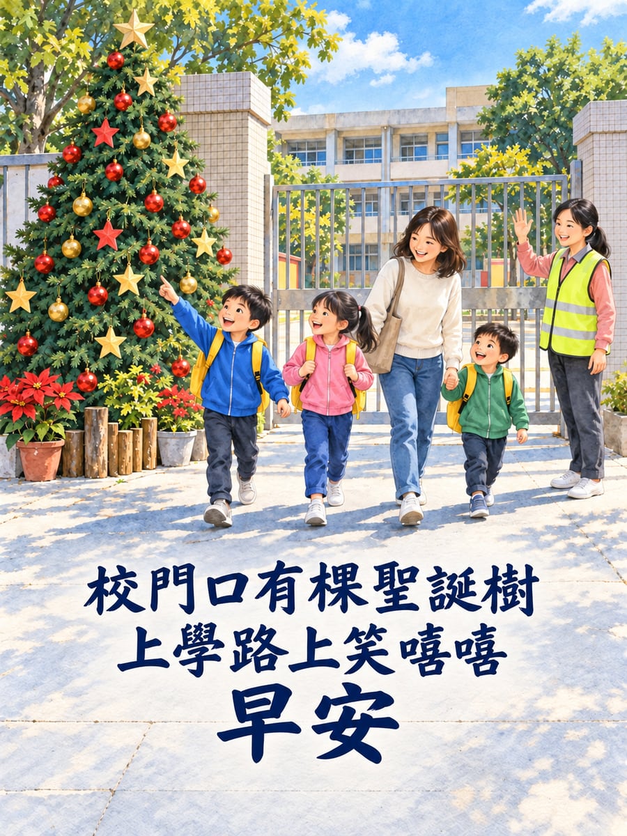 校門口的聖誕樹。圖中文字：早安，校門口有棵聖誕樹，上學路上笑嘻嘻