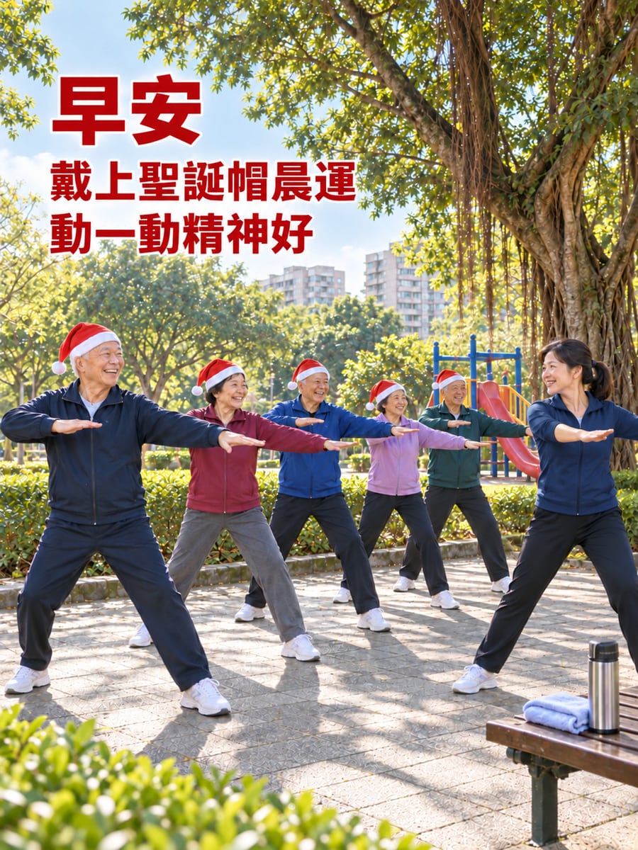 戴聖誕帽晨運。圖中文字：早安，戴上聖誕帽晨運，動一動精神好