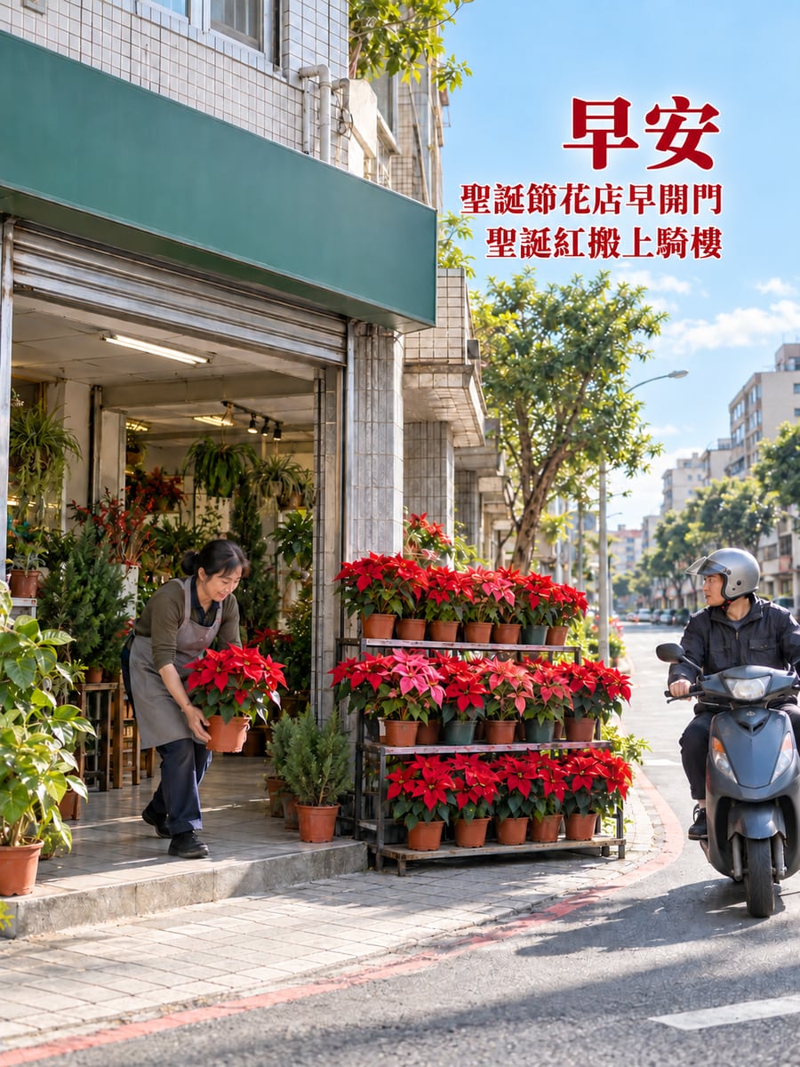 花店一早搬出聖誕紅。圖中文字：早安，聖誕節花店早開門，聖誕紅搬上騎樓