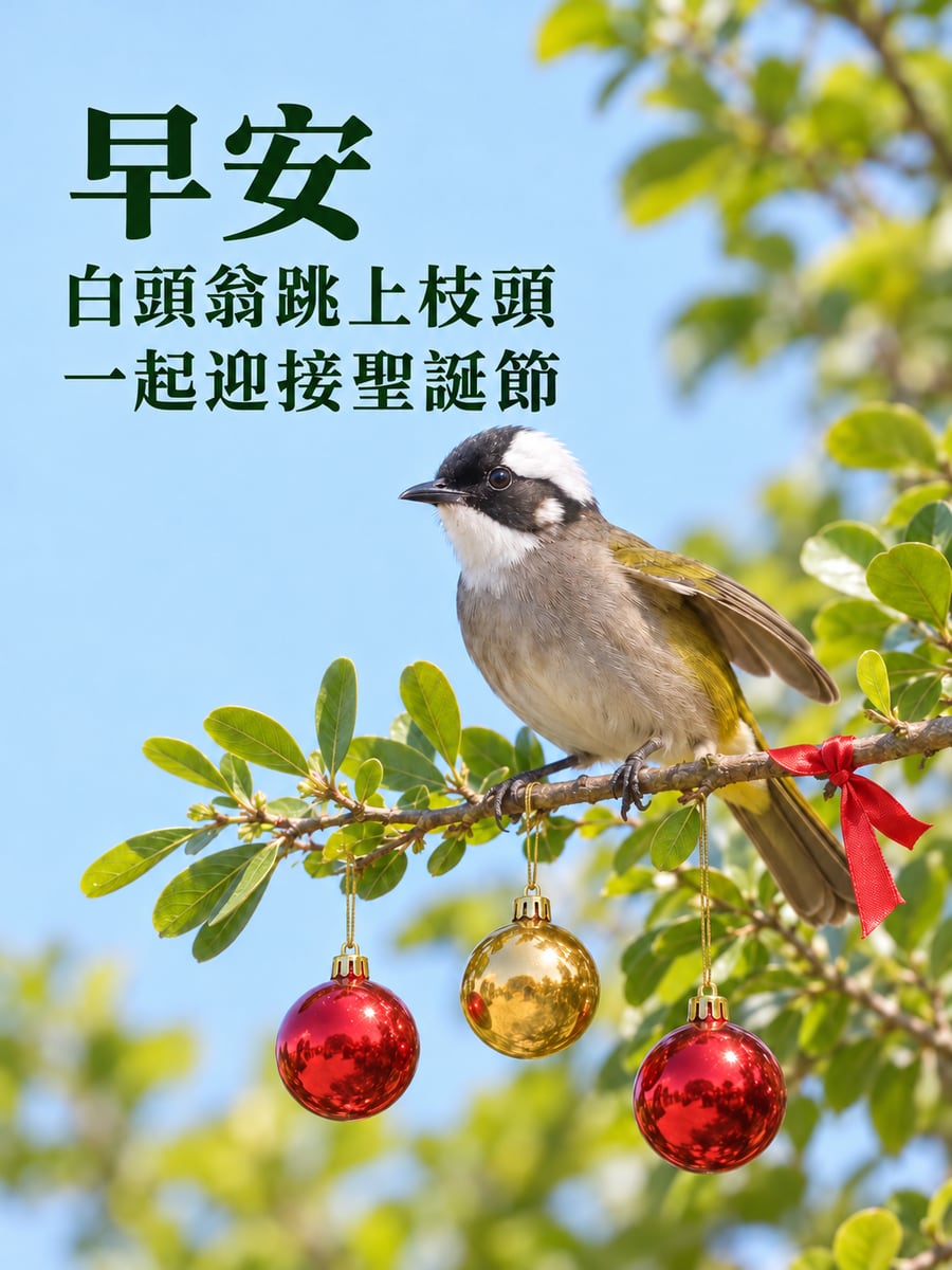 白頭翁跳上彩球枝頭。圖中文字：早安，白頭翁跳上枝頭，一起迎接聖誕節