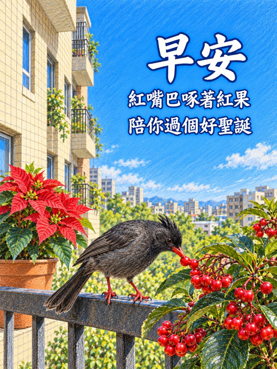 紅嘴黑鵯啄紅果。圖中文字：早安，紅嘴巴啄著紅果，陪你過個好聖誕