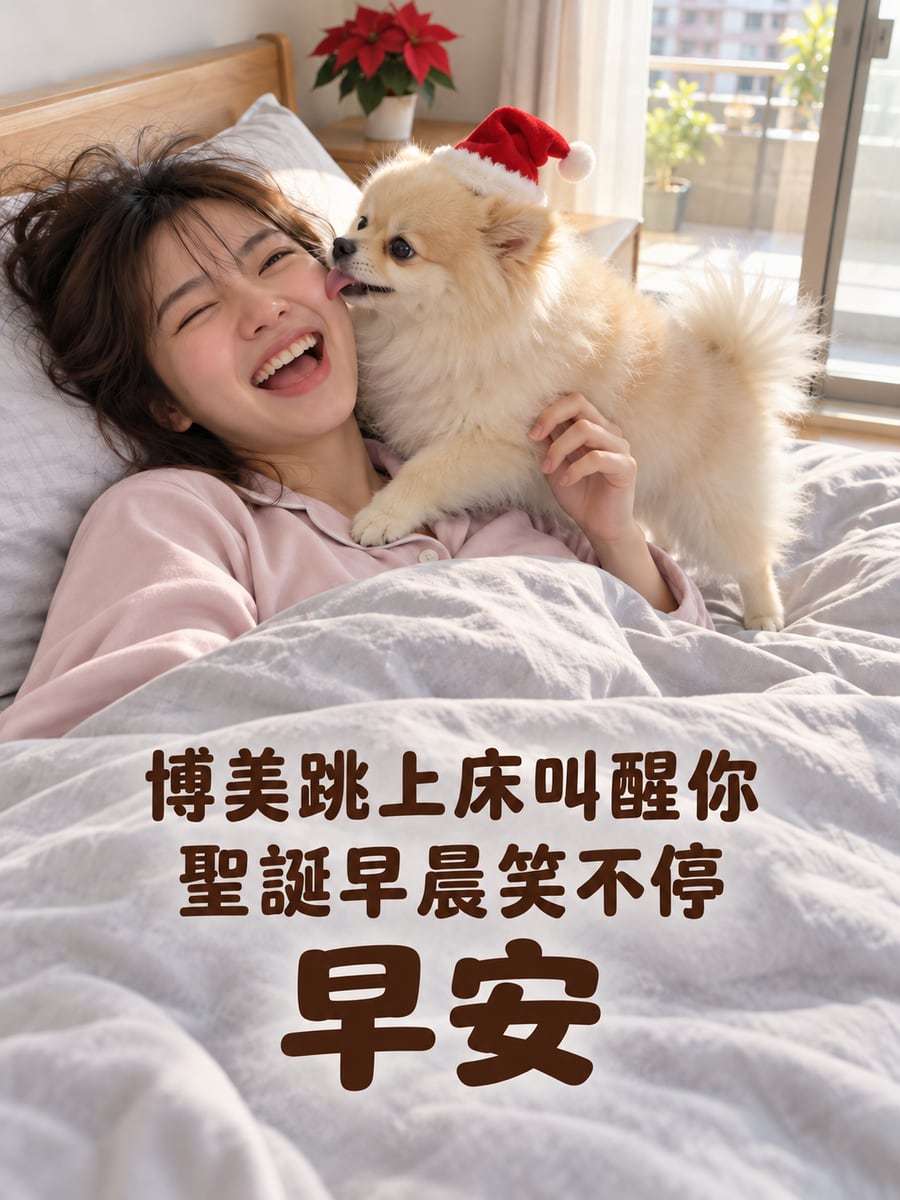 博美跳上床叫醒你。圖中文字：早安，博美跳上床叫醒你，聖誕早晨笑不停