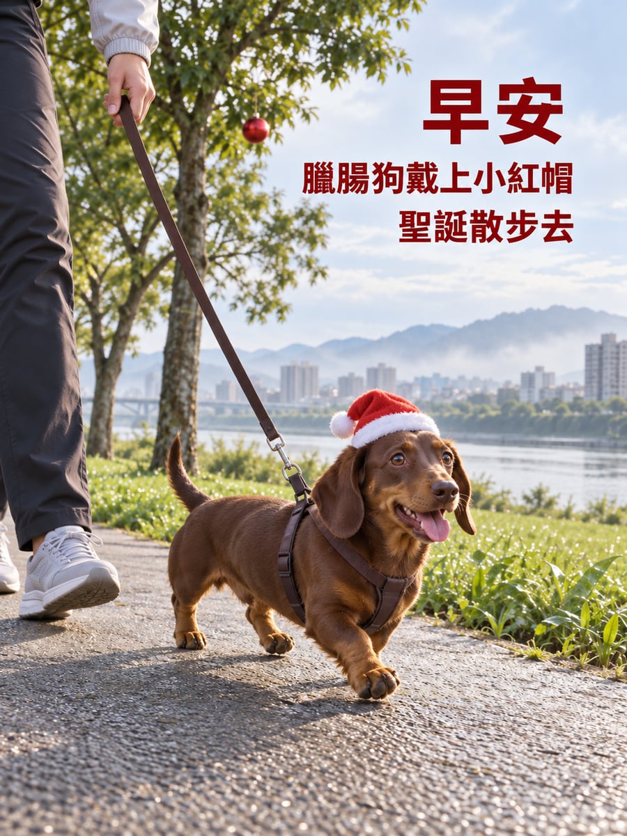 臘腸狗戴小紅帽散步。圖中文字：早安，臘腸狗戴上小紅帽，聖誕散步去