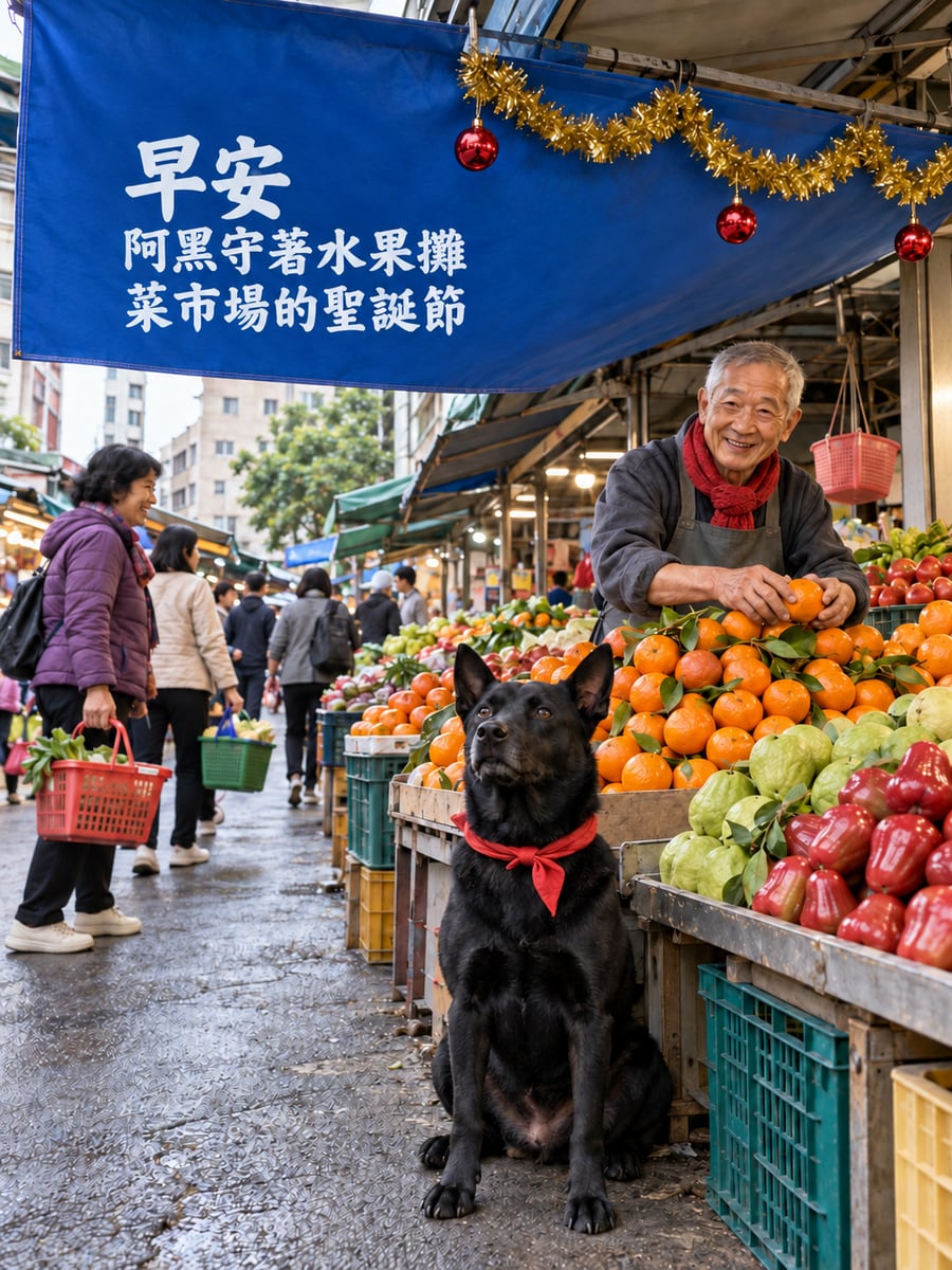 阿黑守著水果攤。圖中文字：早安，阿黑守著水果攤，菜市場的聖誕節