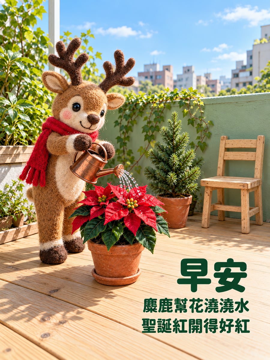 麋鹿幫聖誕紅澆水。圖中文字：早安，麋鹿幫花澆澆水，聖誕紅開得好紅