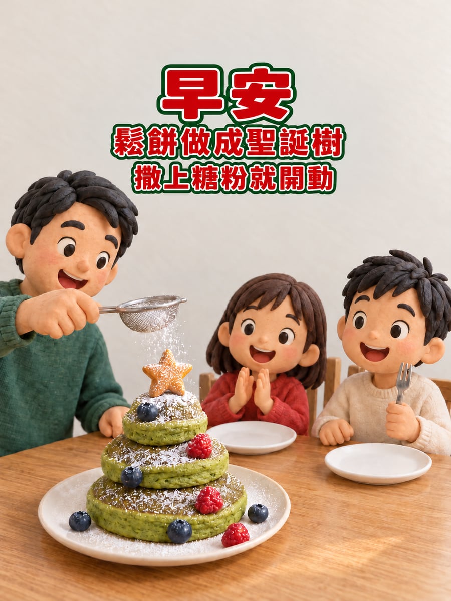 鬆餅疊成聖誕樹。圖中文字：早安，鬆餅做成聖誕樹，撒上糖粉就開動