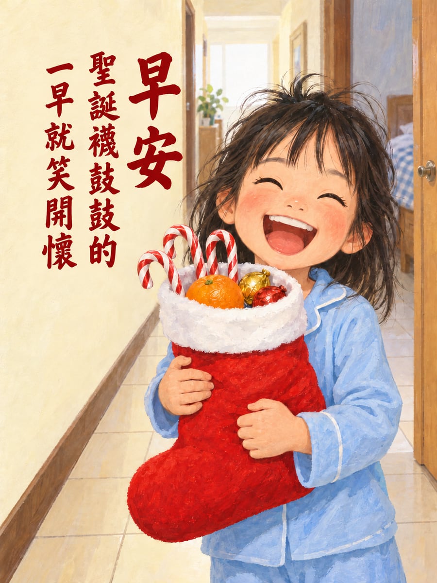 鼓鼓的聖誕襪。圖中文字：早安，聖誕襪鼓鼓的，一早就笑開懷