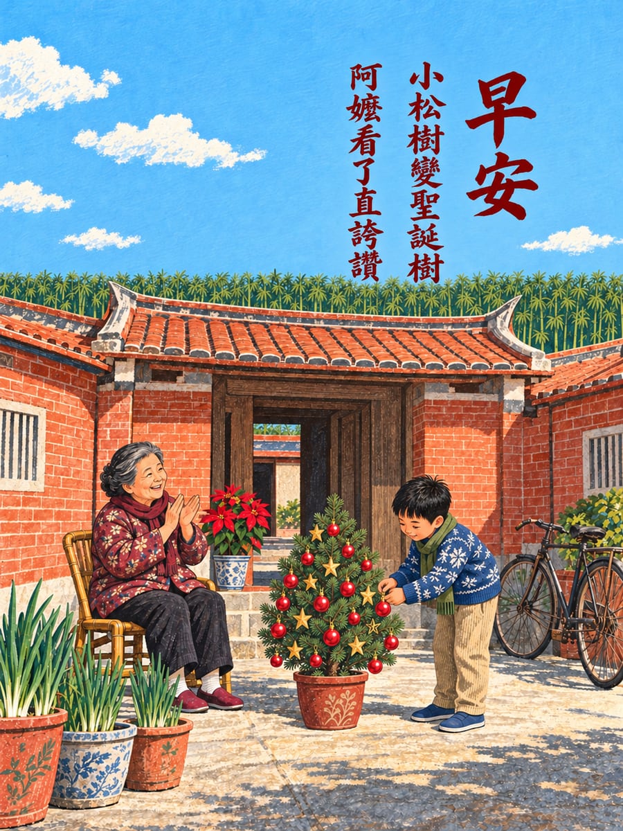 三合院的聖誕樹。圖中文字：早安，小松樹變聖誕樹，阿嬤看了直誇讚