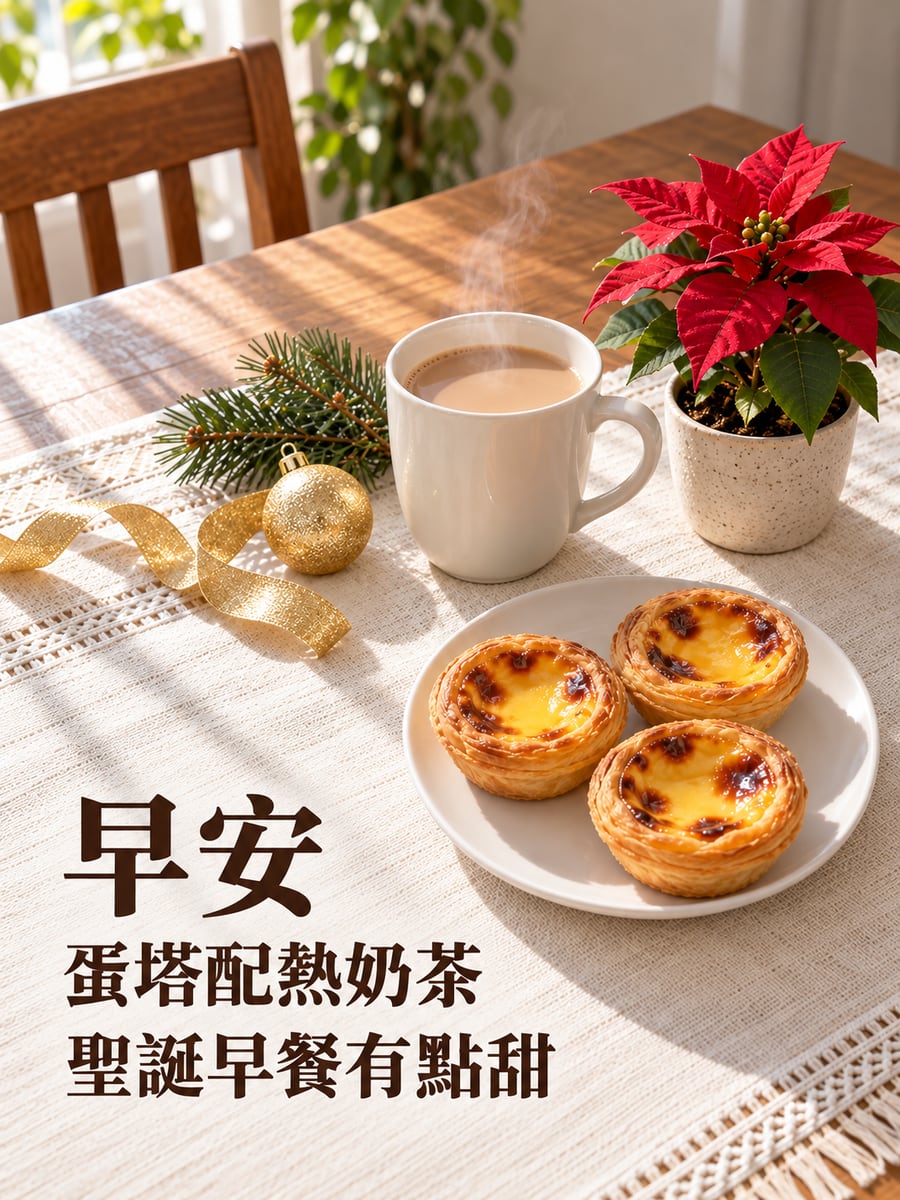 蛋塔配熱奶茶。圖中文字：早安，蛋塔配熱奶茶，聖誕早餐有點甜