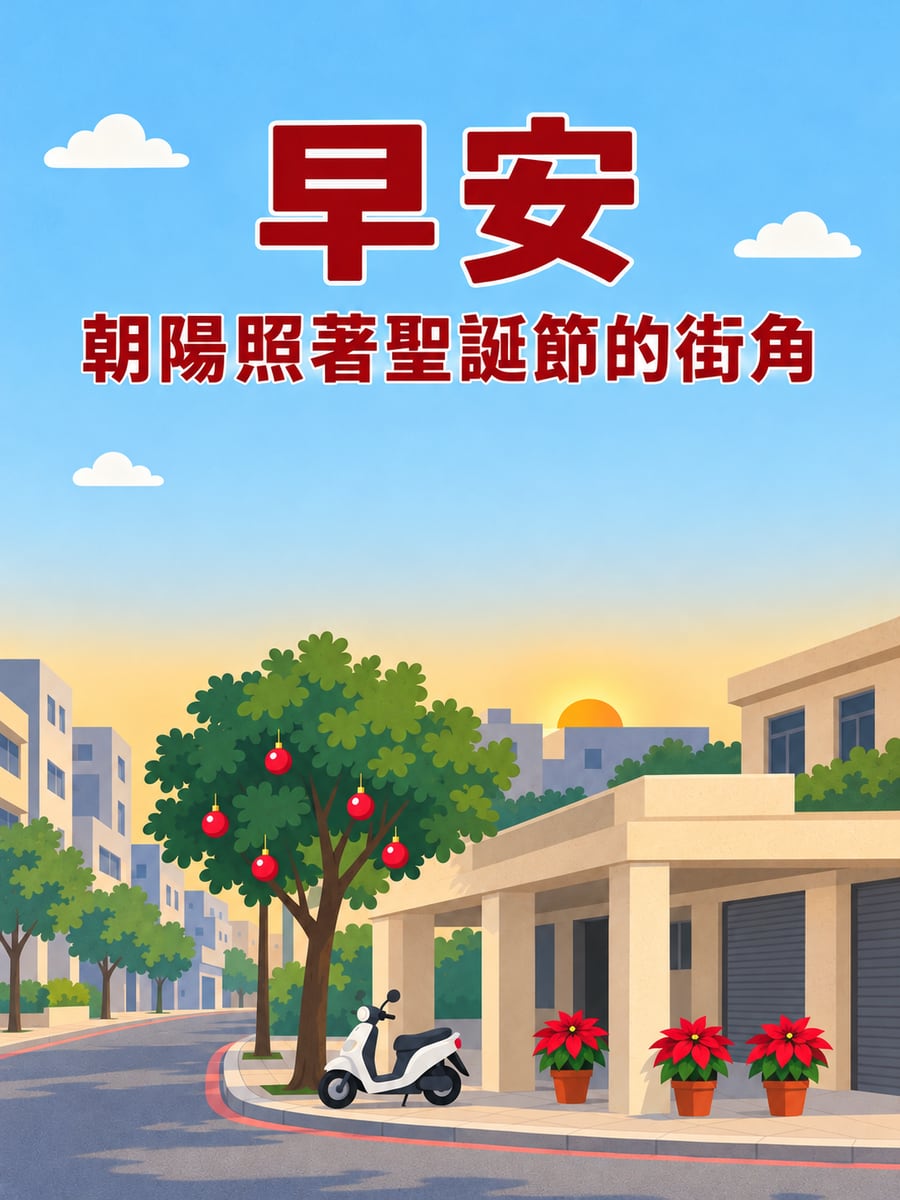 朝陽照著聖誕街角。圖中文字：早安，朝陽照著聖誕節的街角