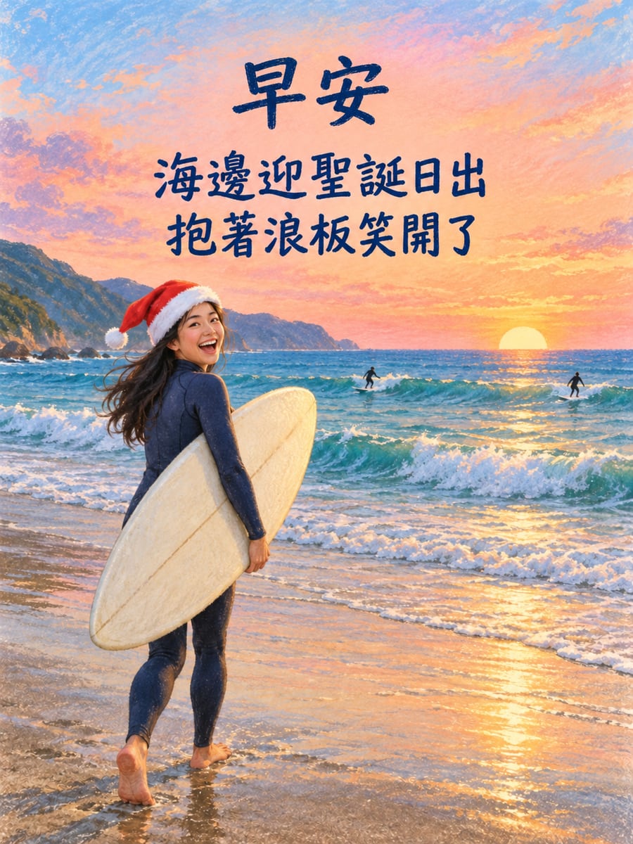 聖誕日出去衝浪。圖中文字：早安，海邊迎聖誕日出，抱著浪板笑開了