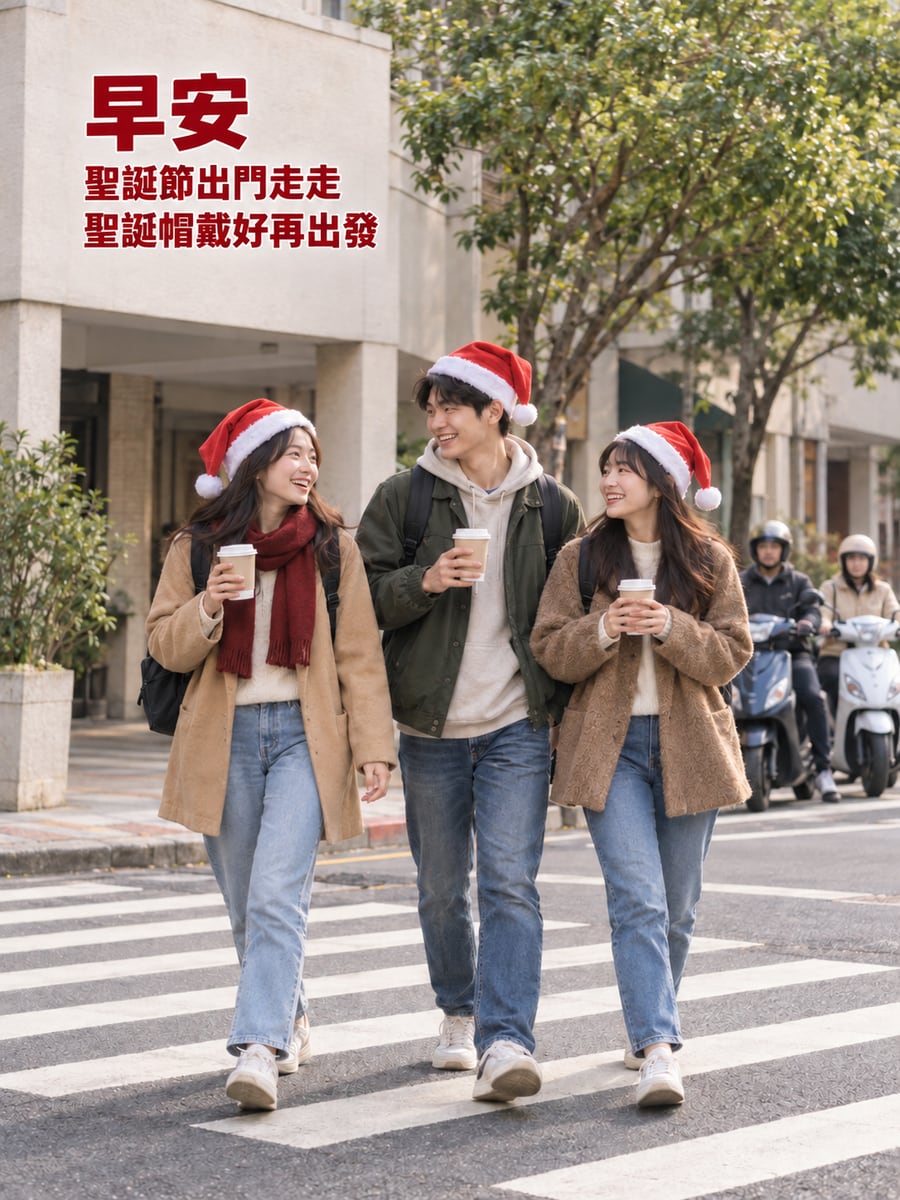 戴聖誕帽出門走走。圖中文字：早安，聖誕節出門走走，聖誕帽戴好再出發
