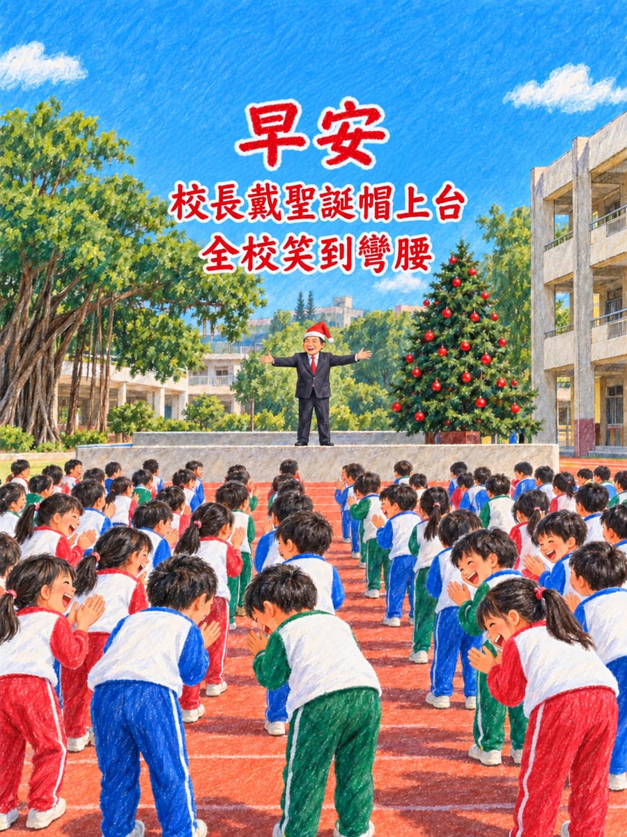 校長戴聖誕帽上台。圖中文字：早安，校長戴聖誕帽上台，全校笑到彎腰