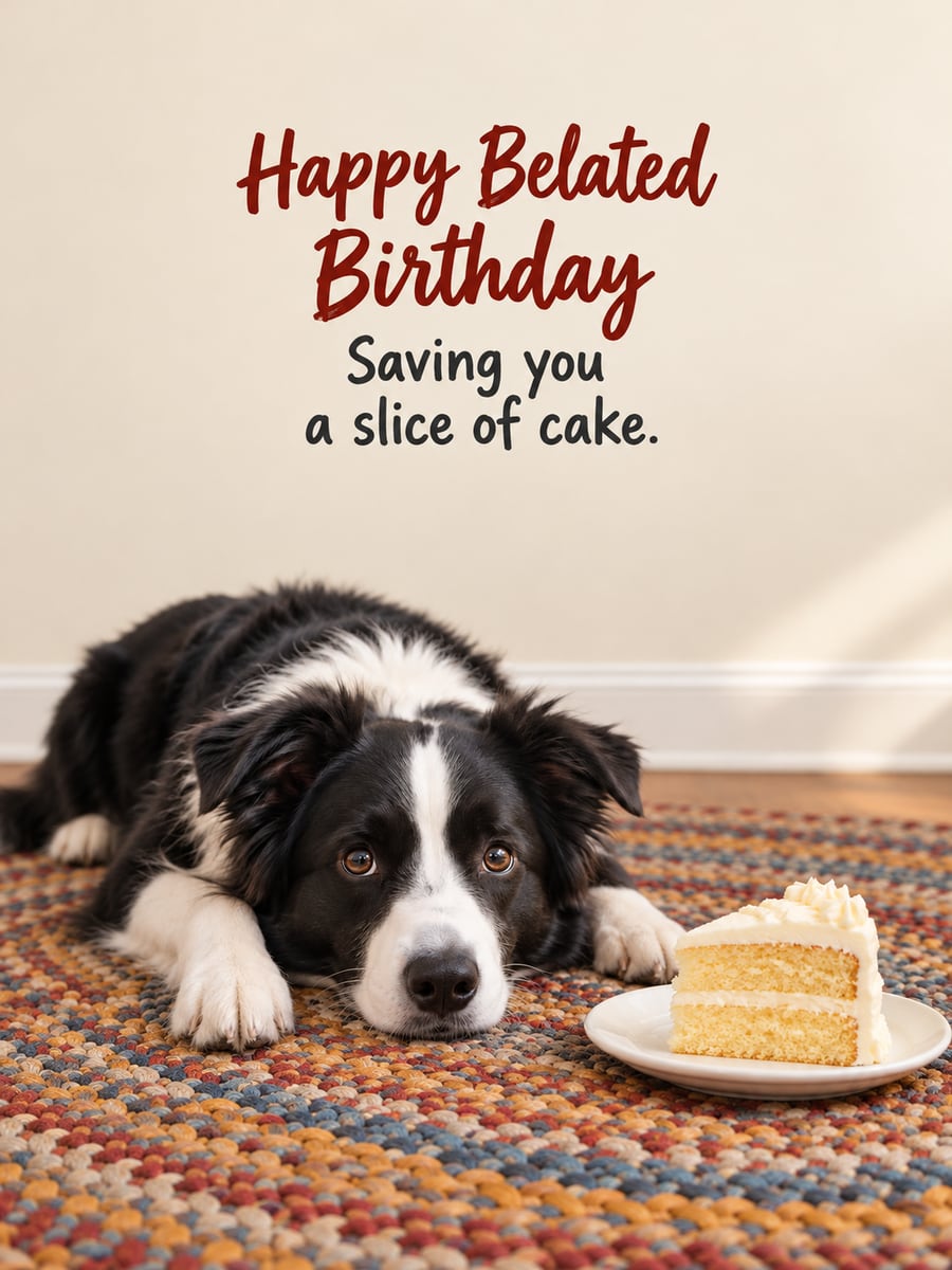 Belated birthday greeting image: black and white border collie lying on a braided rug, slice of vanilla cake on a plate. It says “Happy Belated Birthday” and “Saving you a slice of cake.”