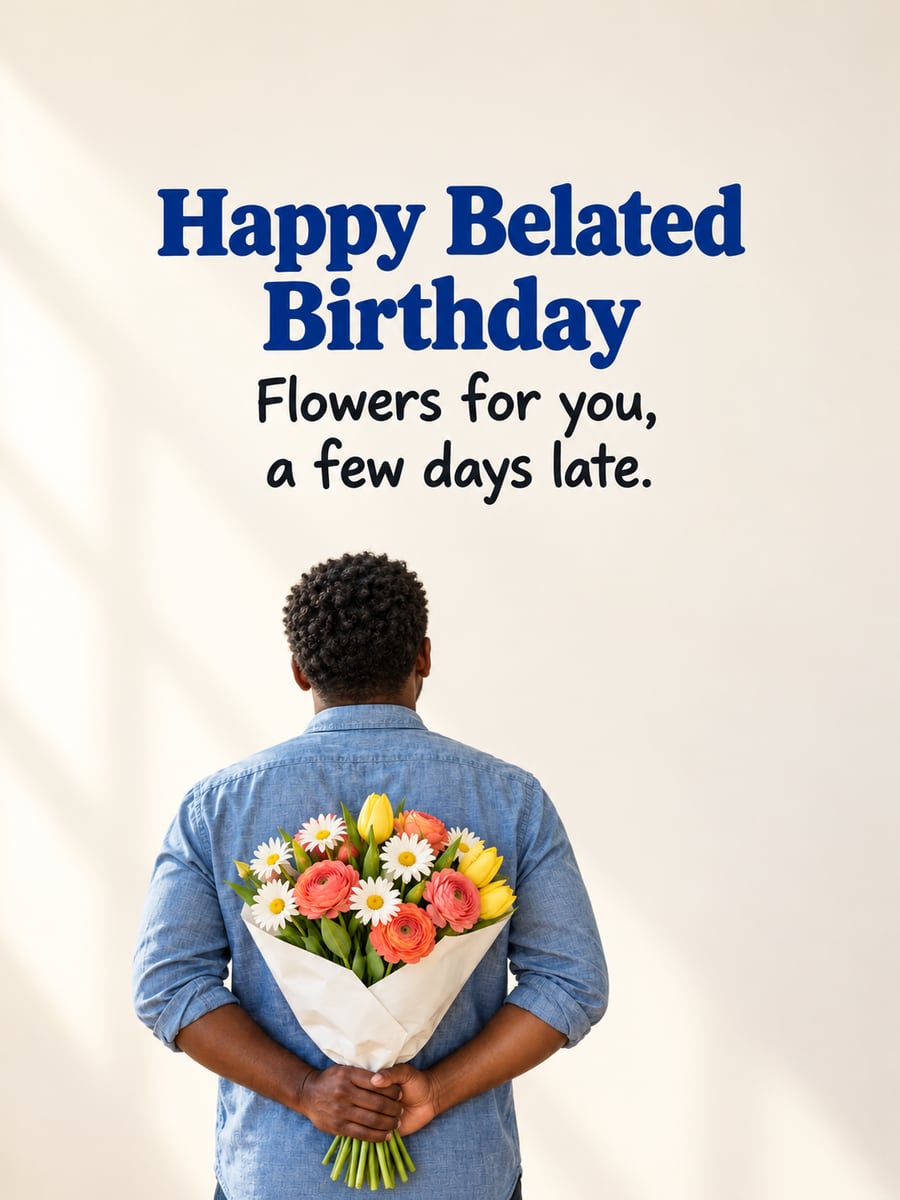 Belated birthday greeting image: Black man hiding a bouquet behind his back, seen from behind, tulips, daisies and roses. It says “Happy Belated Birthday” and “Flowers for you, a few days late.”
