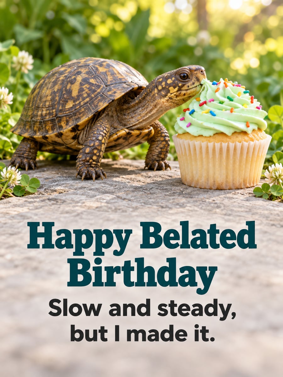 Belated birthday greeting image: box turtle with a patterned shell, cupcake with mint frosting and sprinkles, garden stepping stone. It says “Happy Belated Birthday” and “Slow and steady, but I made it.”