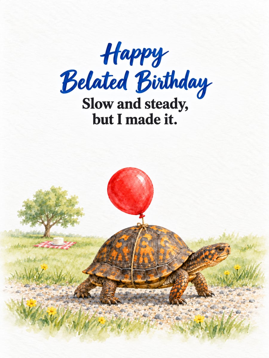 Belated birthday greeting image: box turtle with a red balloon tied to its shell, garden path, picnic blanket. It says “Happy Belated Birthday” and “Slow and steady, but I made it.”