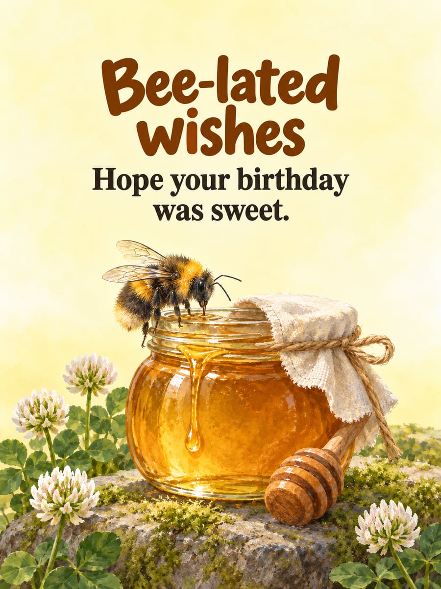 Belated birthday greeting image: bumblebee on a honey jar, honey dipper, white clover. It says “Bee-lated wishes” and “Hope your birthday was sweet.”
