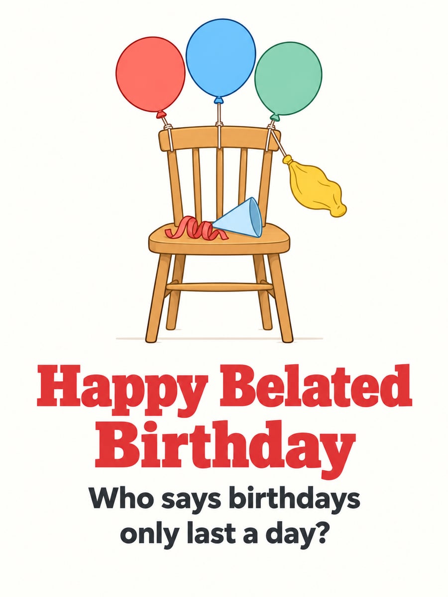 Belated birthday greeting image: balloons tied to a wooden chair, one drooping, party hat. It says “Happy Belated Birthday” and “Who says birthdays only last a day?”