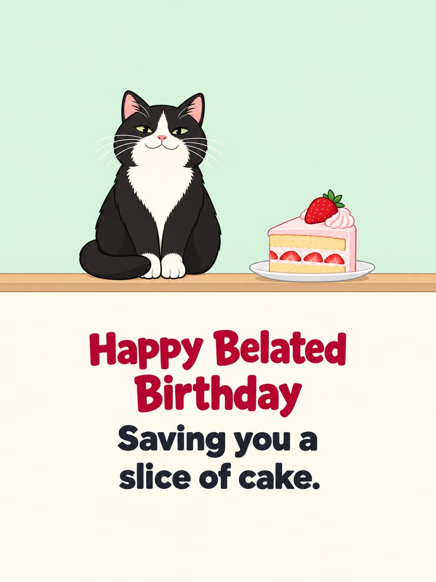 Belated birthday greeting image: cartoon tuxedo cat sitting on a shelf, slice of strawberry cake on a plate. It says “Happy Belated Birthday” and “Saving you a slice of cake.”
