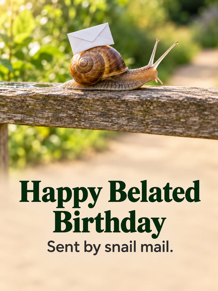 Belated birthday greeting image: garden snail carrying an envelope, wooden fence rail. It says “Happy Belated Birthday” and “Sent by snail mail.”