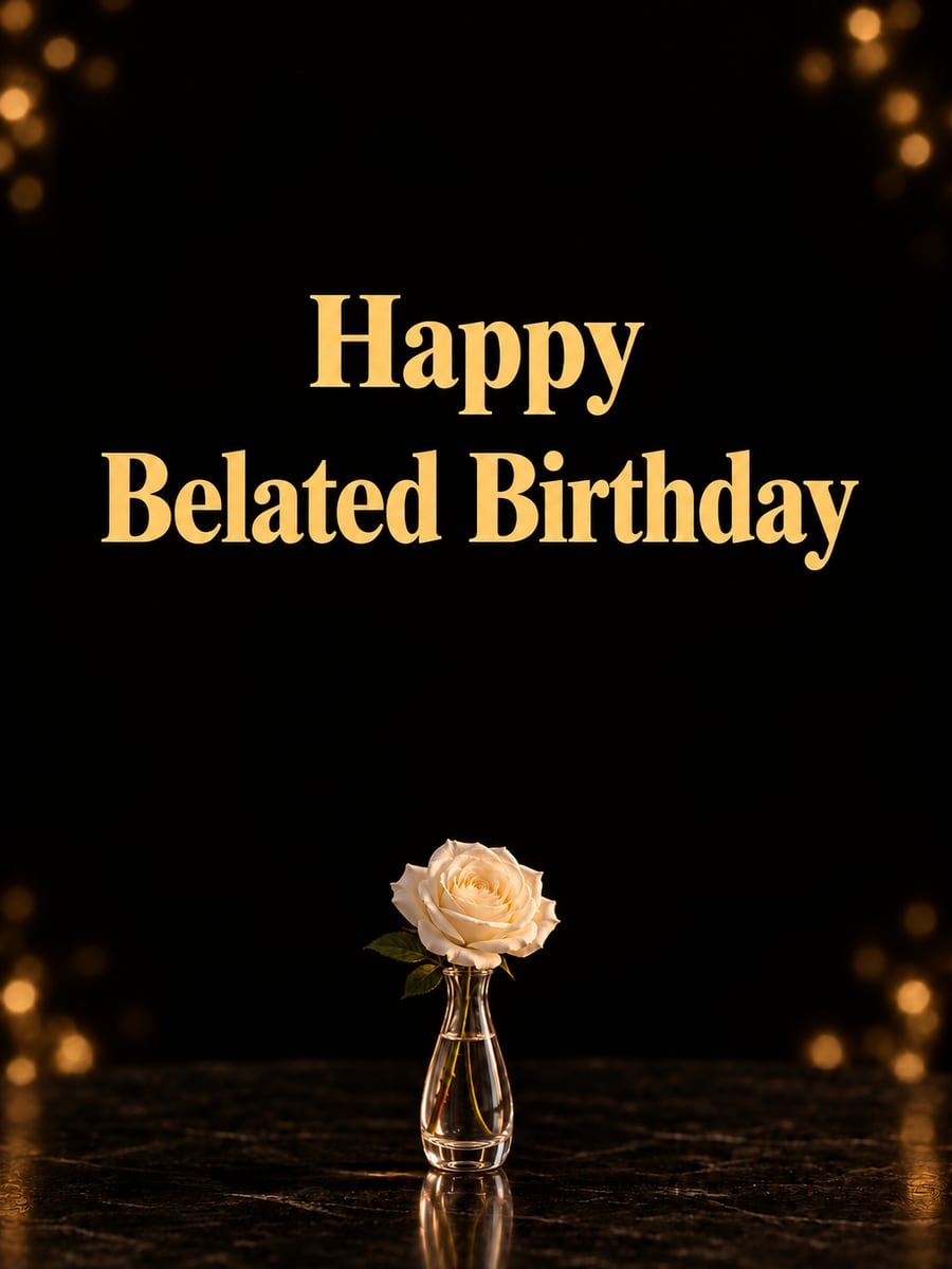 Belated birthday greeting image: white rose in a glass bud vase, gold lights on black. It says “Happy Belated Birthday”