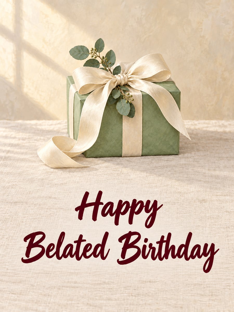Belated birthday greeting image: sage green gift box with an ivory silk bow, eucalyptus sprig. It says “Happy Belated Birthday”
