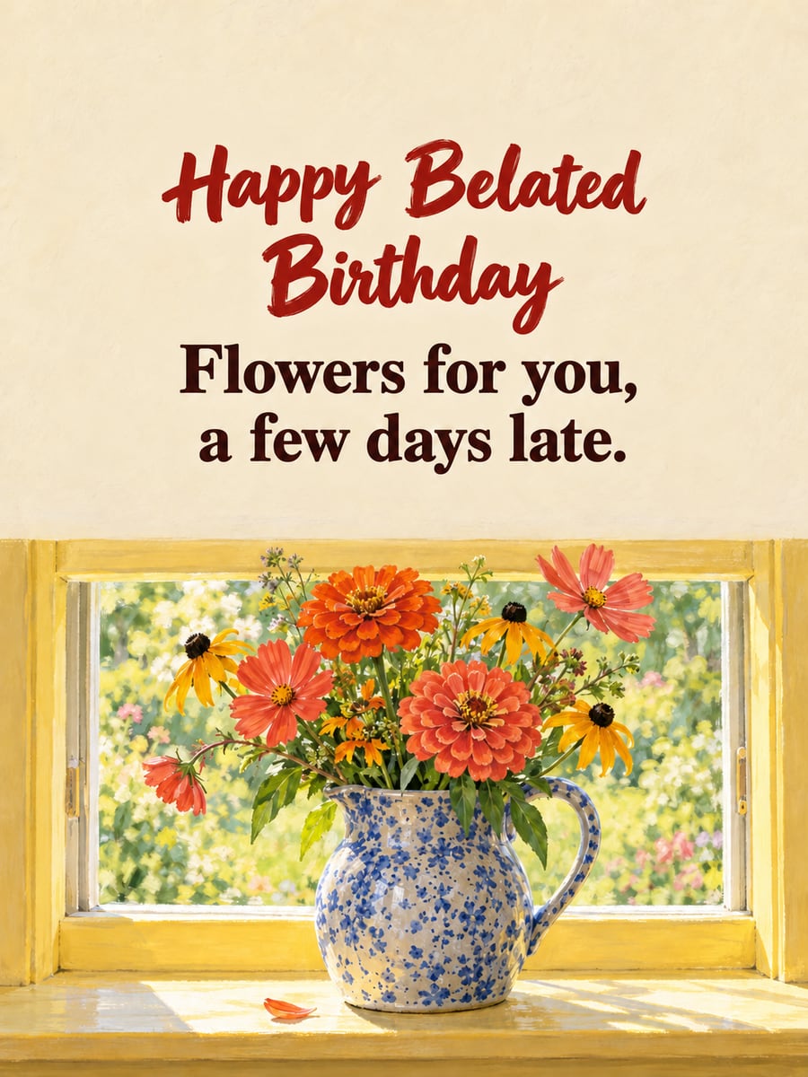 Belated birthday greeting image: zinnias and black-eyed Susans in a blue speckled pitcher, sunny windowsill. It says “Happy Belated Birthday” and “Flowers for you, a few days late.”