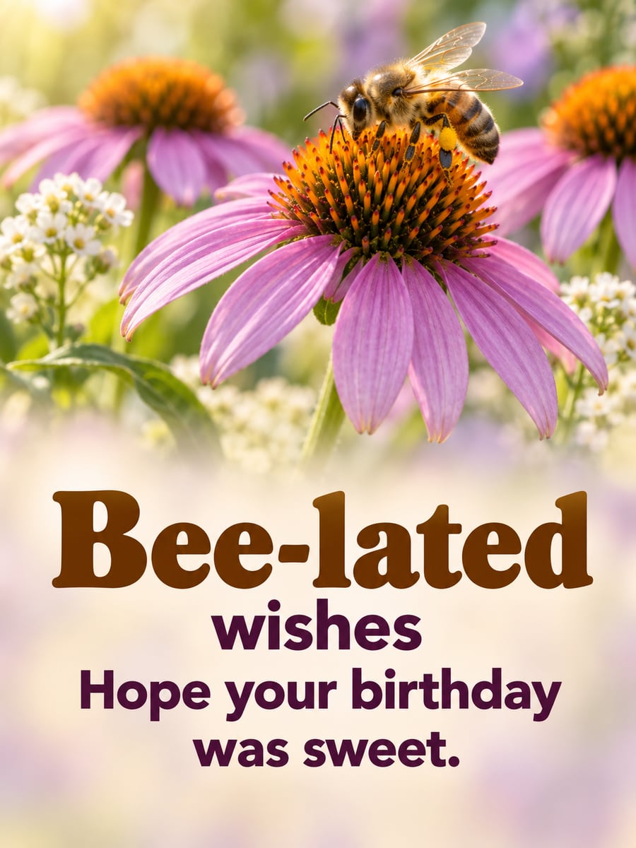 Belated birthday greeting image: honeybee on a purple coneflower, garden flowers. It says “Bee-lated wishes” and “Hope your birthday was sweet.”