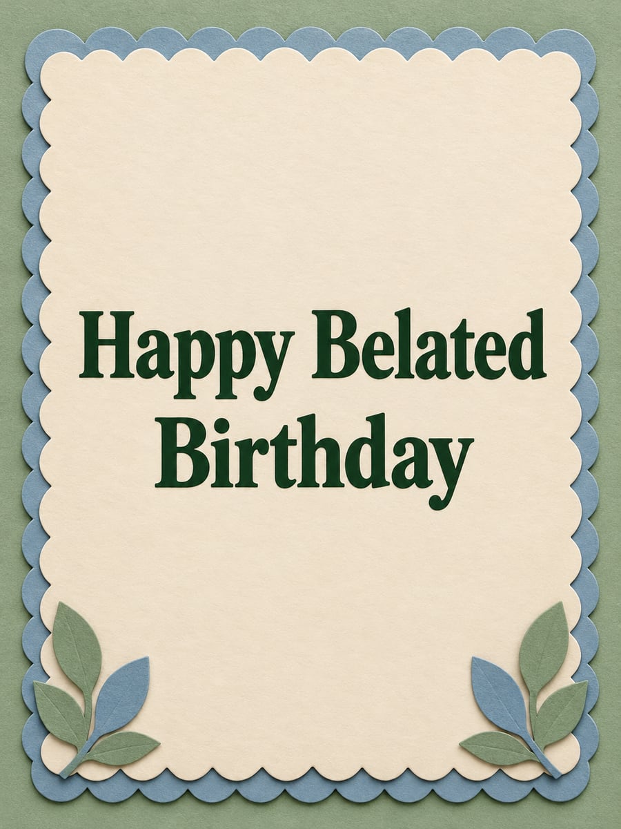 Belated birthday greeting image: cream paper panel with scalloped edges, paper leaves. It says “Happy Belated Birthday”