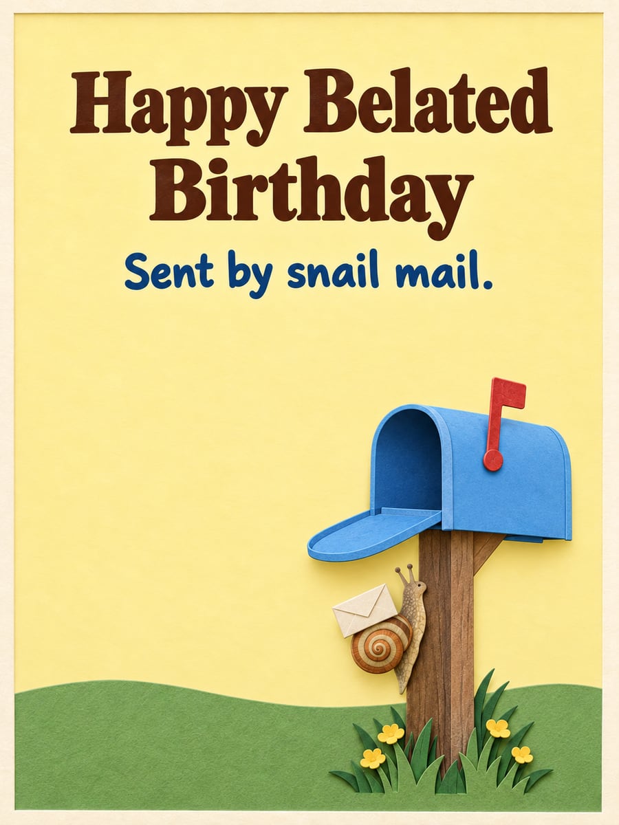 Belated birthday greeting image: paper-cut snail carrying an envelope up a mailbox post, blue mailbox with a red flag. It says “Happy Belated Birthday” and “Sent by snail mail.”