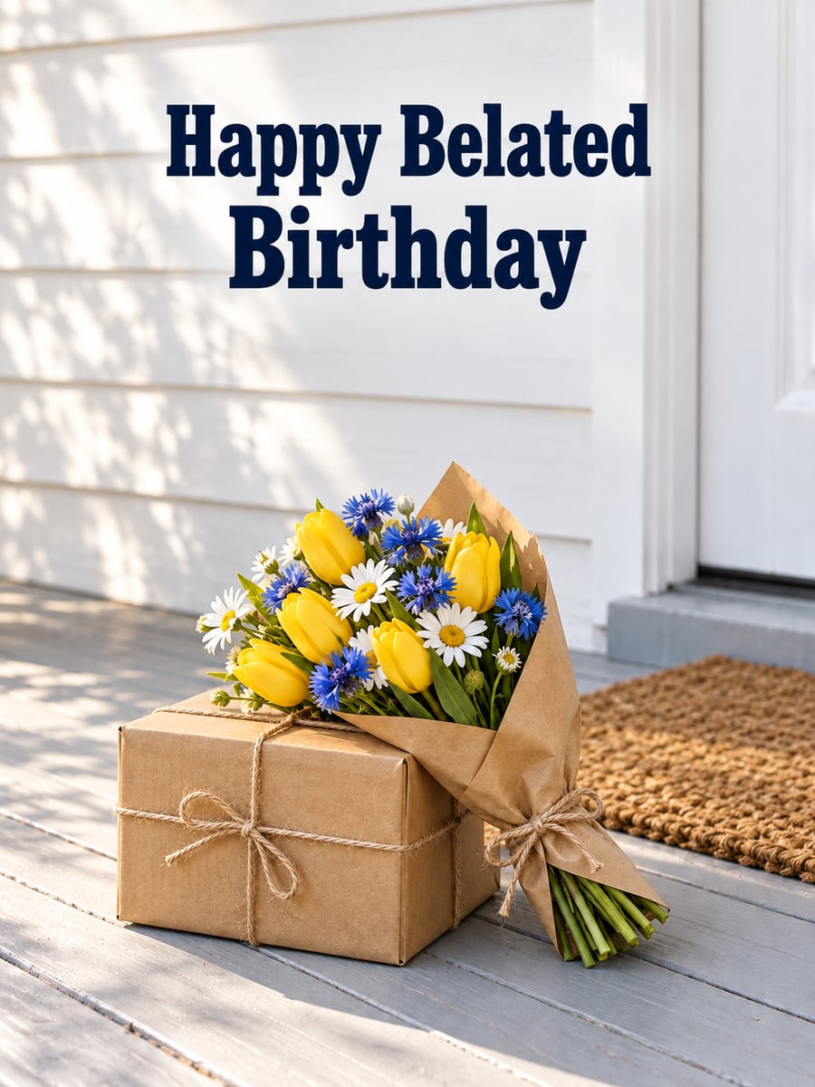 Belated birthday greeting image: bouquet of yellow tulips, daisies and cornflowers, package tied with twine, front porch. It says “Happy Belated Birthday”