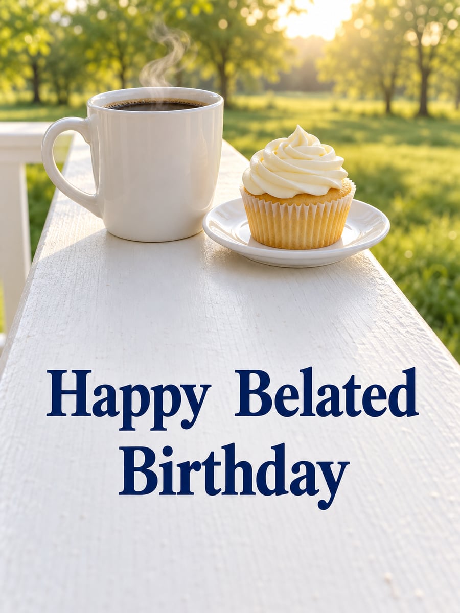Belated birthday greeting image: mug of coffee and a vanilla cupcake on a white porch rail, morning garden. It says “Happy Belated Birthday”