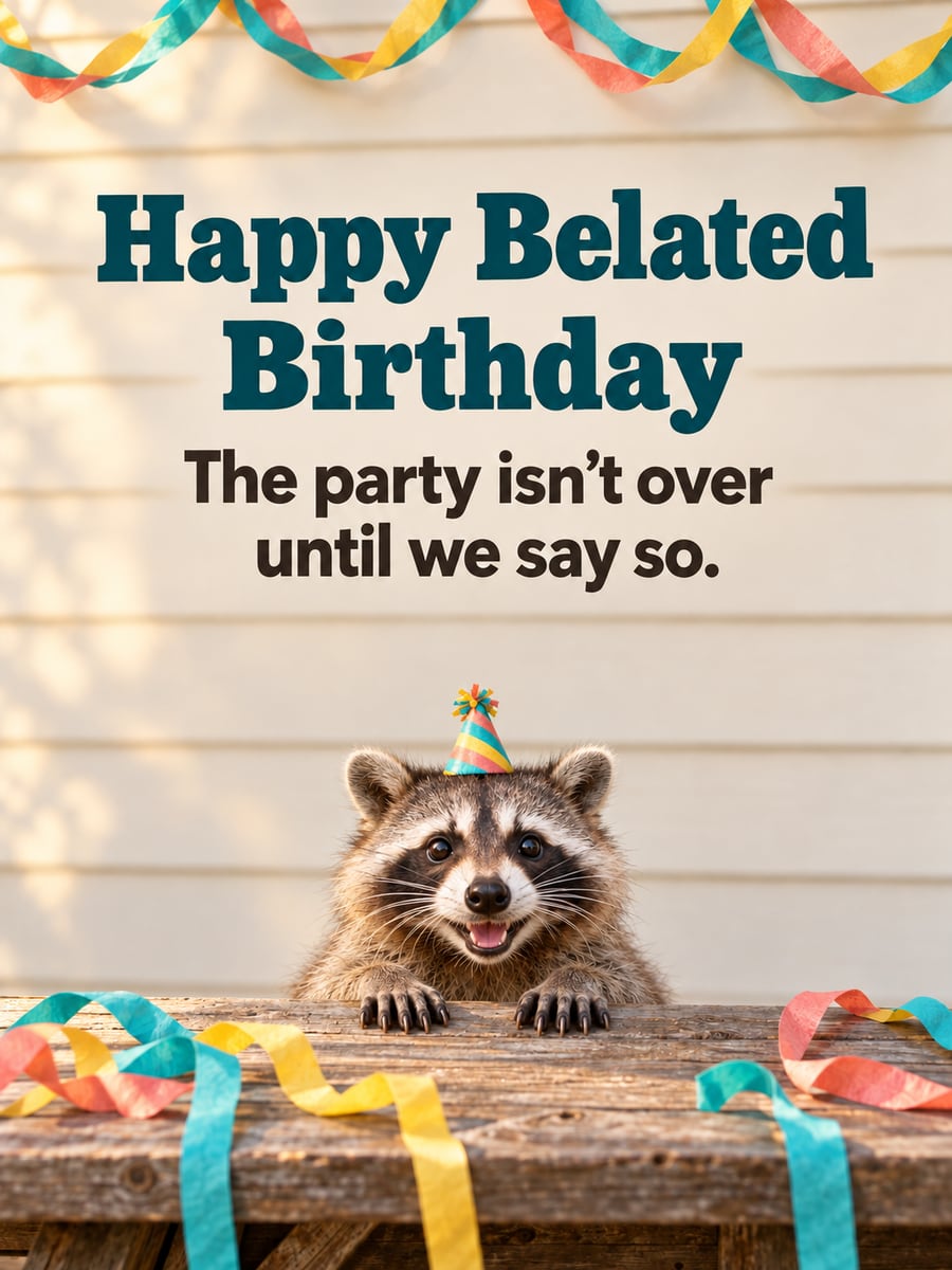 Belated birthday greeting image: raccoon in a striped party hat peeking over a picnic table, paper streamers. It says “Happy Belated Birthday” and “The party isn’t over until we say so.”