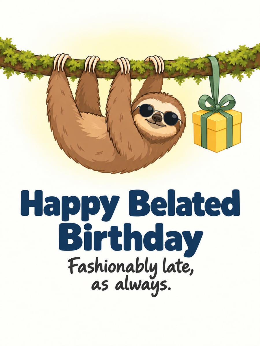 Belated birthday greeting image: cartoon three-toed sloth in round sunglasses hanging from a mossy branch, small yellow gift box. It says “Happy Belated Birthday” and “Fashionably late, as always.”
